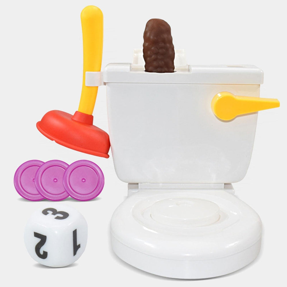 White toilet game with a red-and-yellow plunger, numbered die, purple tokens, and pretend poop