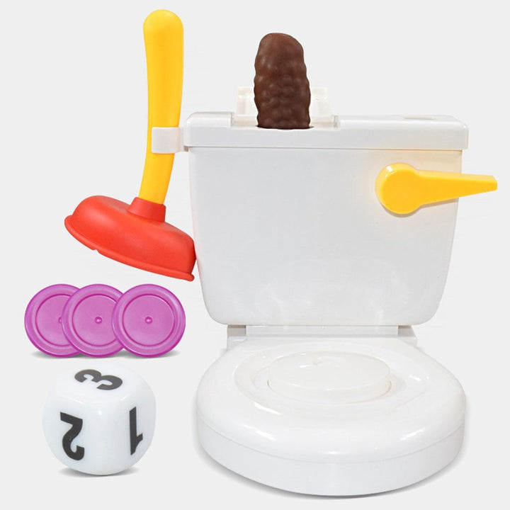White toilet game with a red-and-yellow plunger, numbered die, purple tokens, and pretend poop
