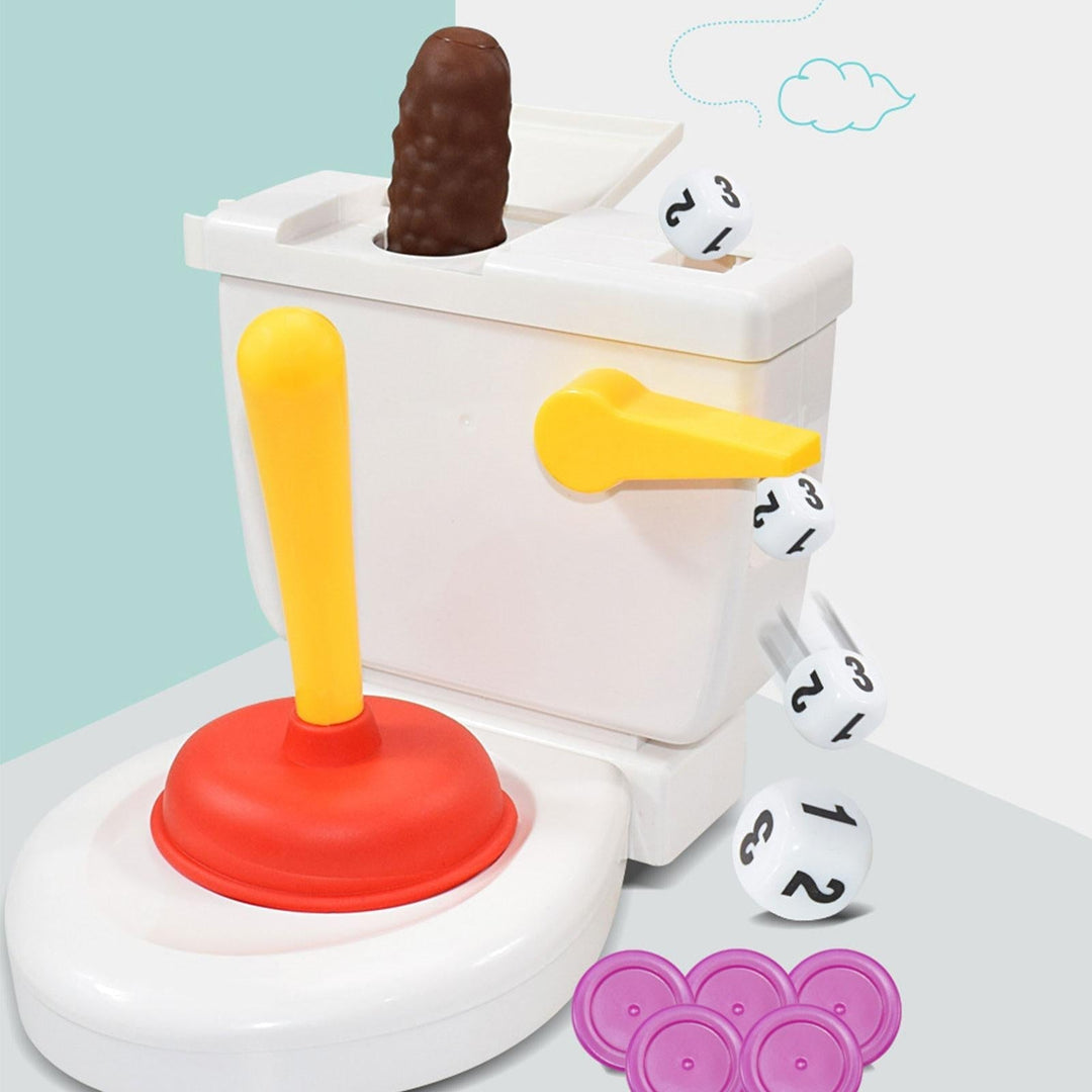 Toilet game shown with pretend poop, a red-and-yellow plunger, a numbered die, and purple tokens