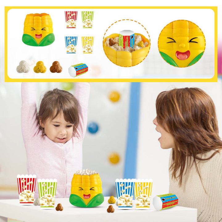Child and adult playing the corn-shaped popcorn catching game, with game components shown above