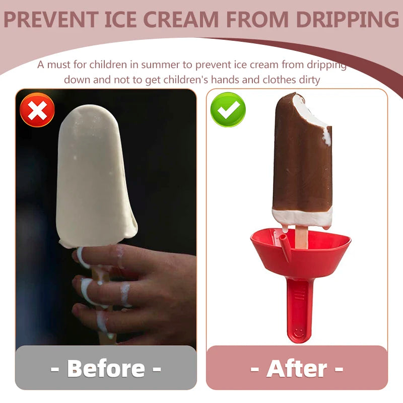 Popsicle shown without a holder and resting in a red drip-catching holder