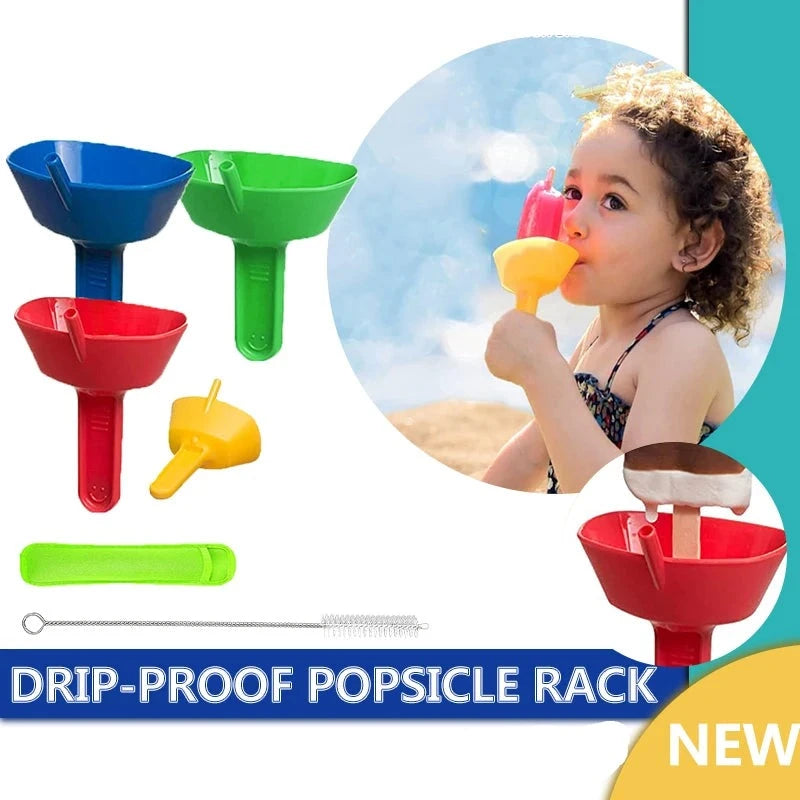 Blue, green, red, and yellow popsicle holders with a child using the yellow holder