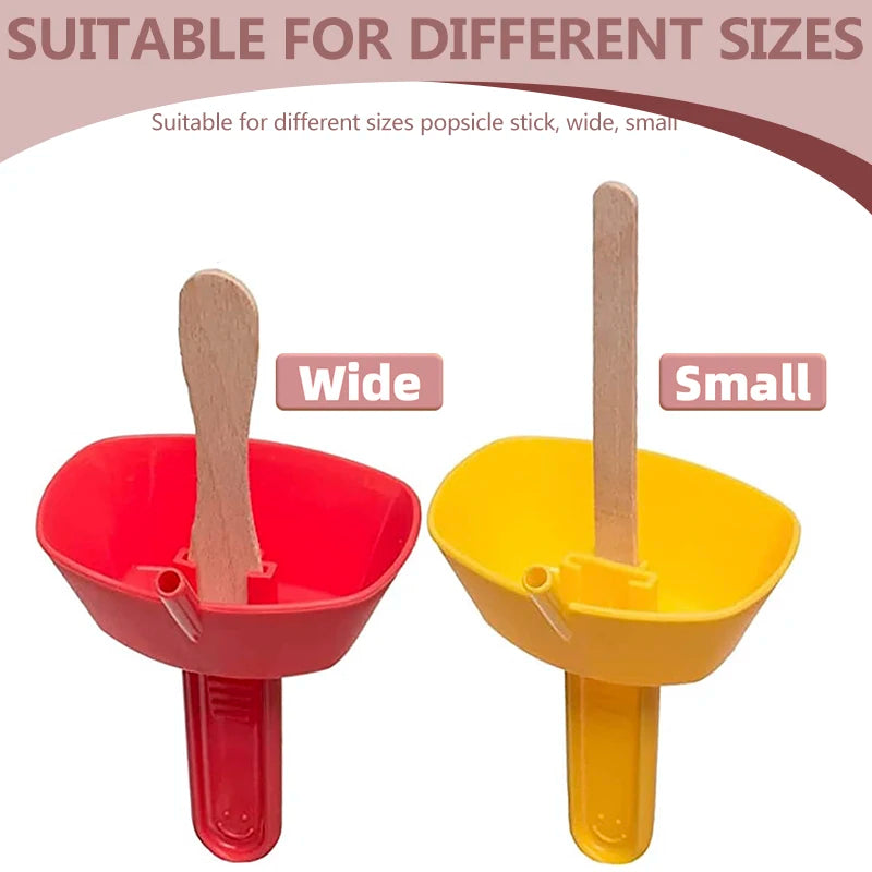 Red and yellow popsicle holders fitted with wide and narrow wooden sticks