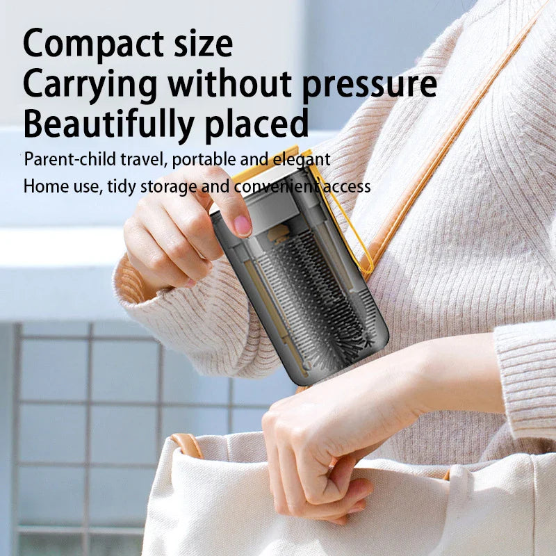 Compact bottle-care storage case with a wrist strap held above a travel bag