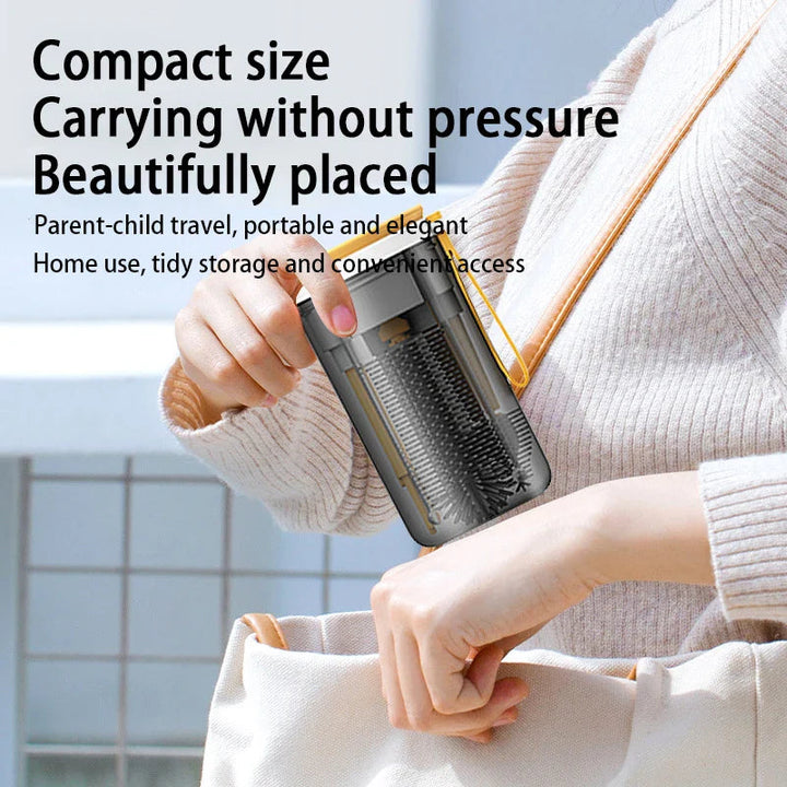 Compact bottle-care storage case with a wrist strap held above a travel bag