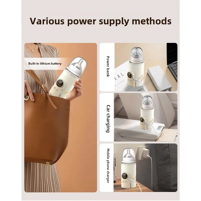 USB charging examples for a portable bottle warmer using a power bank, car charger and wall charger