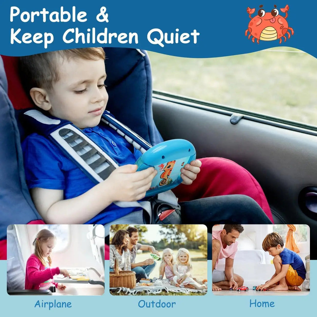 Child playing with a blue rotary puzzle in a car, with smaller scenes of use on a plane, outdoors, and at home