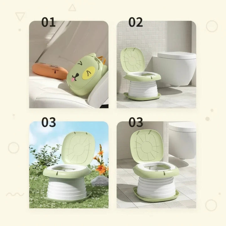 Portable potty shown stored in a car, beside a toilet, and outdoors