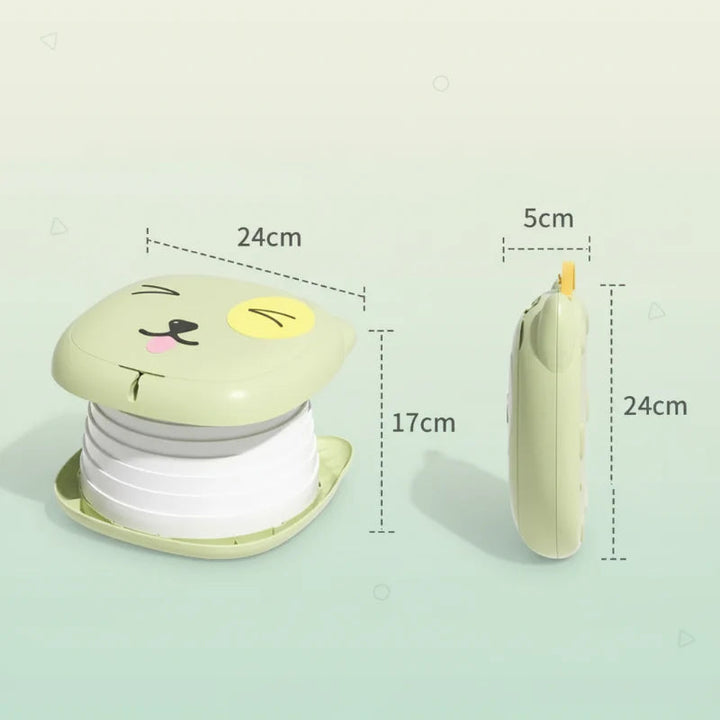 Potty dimensions showing 24 cm across and 17 cm high when open, with a 5 cm folded thickness