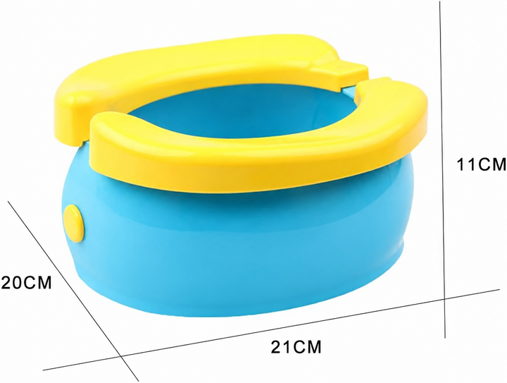 Blue and yellow potty with measurements showing 21 cm width, 20 cm depth and 11 cm height