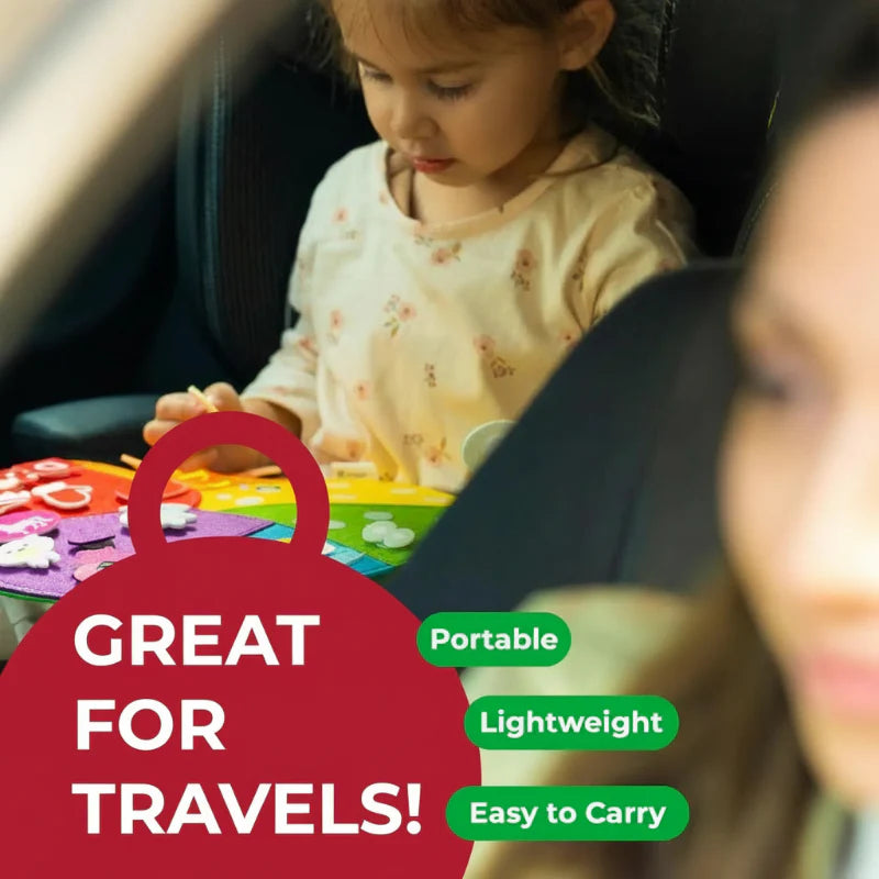 Child with a felt color sorting board on their lap inside a car