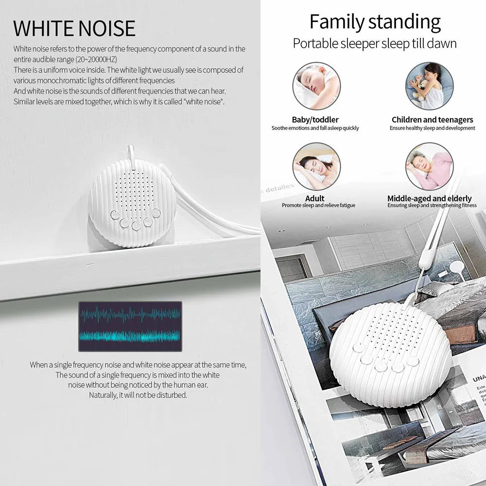 White noise machine shown on a ledge and hanging from a stroller, with usage illustrations