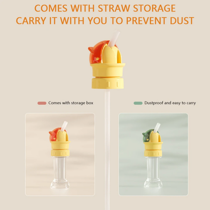 Red and green bottle caps with clear cases for storing the straws between uses.