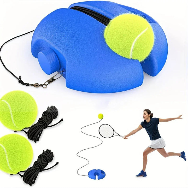 Blue tennis practice base shown with tethered balls and a solo player