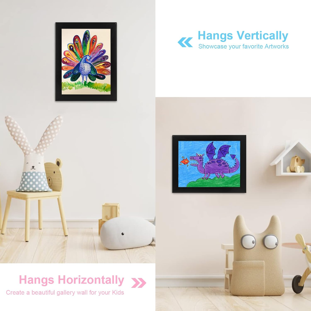 Black art frames shown in portrait and landscape wall arrangements