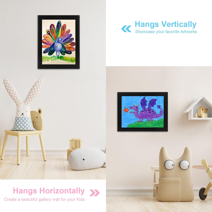 Black art frames shown in portrait and landscape wall arrangements