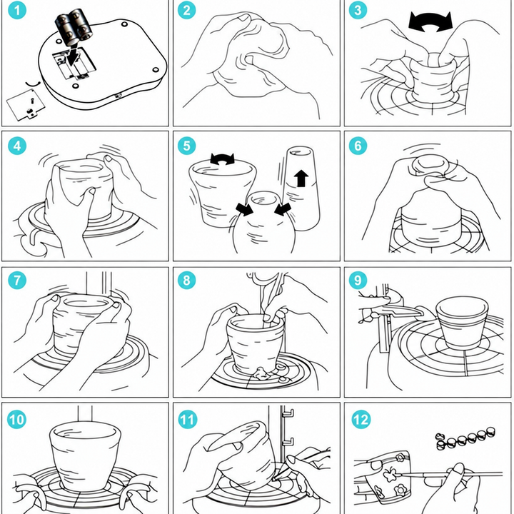 Illustrated pottery guide with numbered steps for setting up the wheel and shaping clay