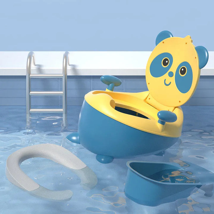 Blue and yellow panda potty chair with the removable seat ring and collection bowl beside it