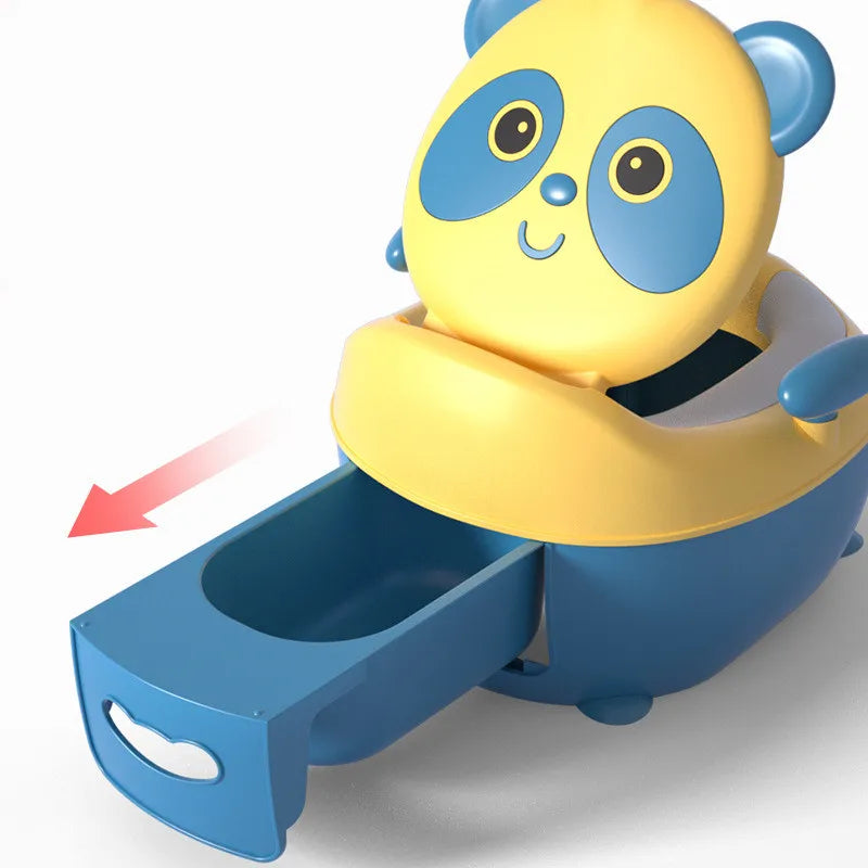 Blue and yellow panda potty chair with its front collection bowl pulled out