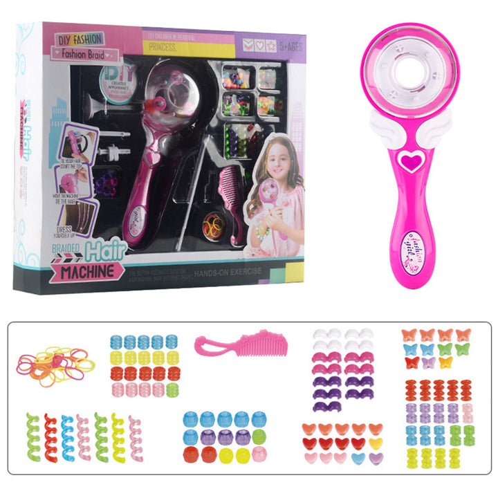 Premium hair braiding set with a pink braider, comb, elastic bands and colorful decorations