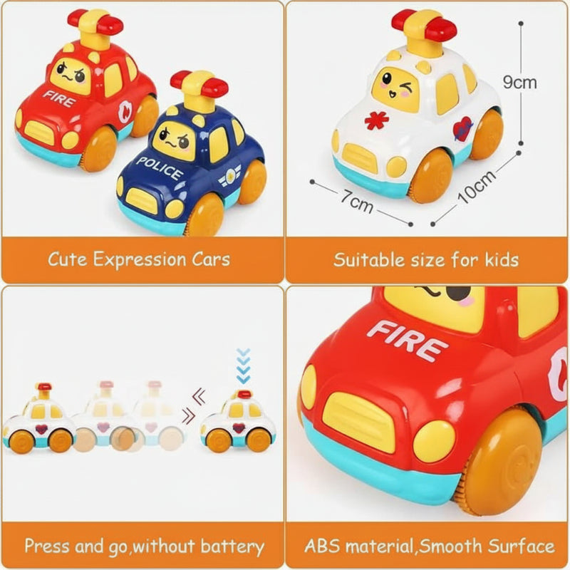 Red, blue, and white press-and-go emergency toy cars with a 10 × 7 × 9 cm size diagram.