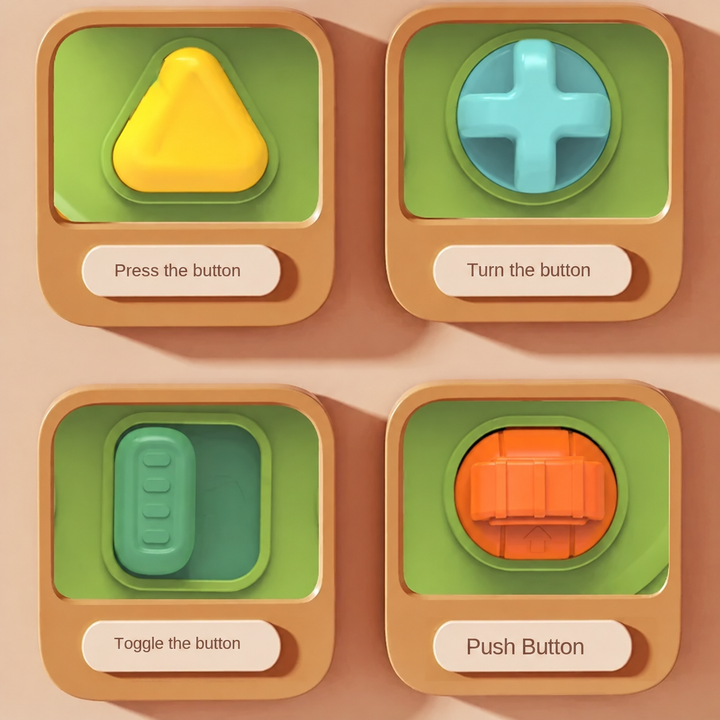 Four controls shown for pressing, turning, toggling, and pushing on the pop-up toy