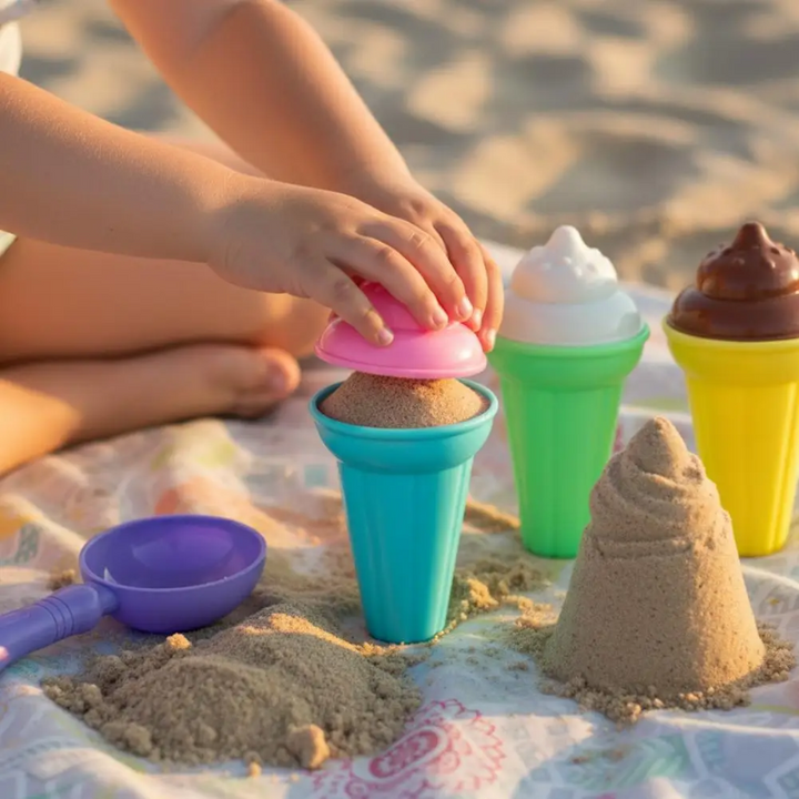 Child pressing a pink ice cream mold onto sand in a blue cone cup beside a sandcastle