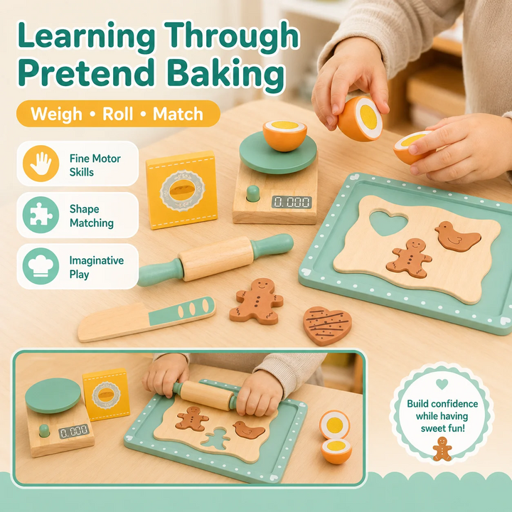 Pretend baking activity showing a two-piece toy egg, cookie matching board, scale, and rolling pin