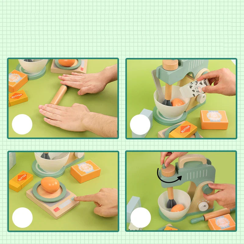 Hands rolling, adding pretend ingredients, weighing a toy egg, and turning a toy mixer knob