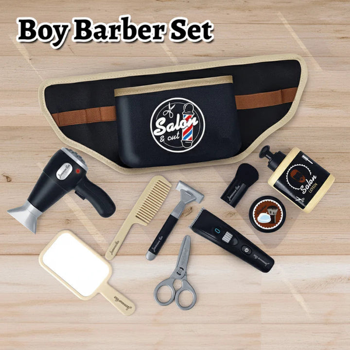 Black and beige barber belt with a toy hair dryer, clippers, comb, mirror, and other styling accessories