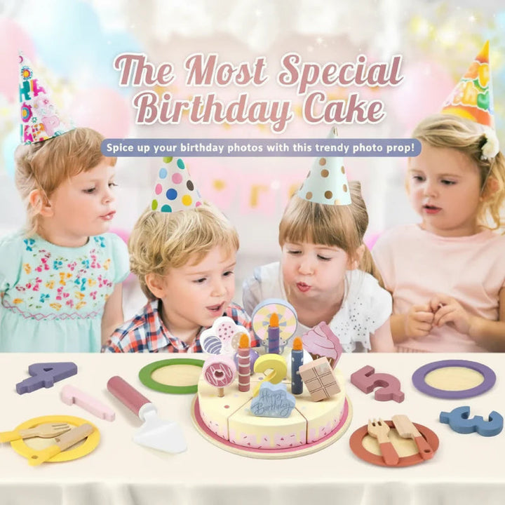 Children gathered around a wooden birthday cake with colorful candles and number pieces