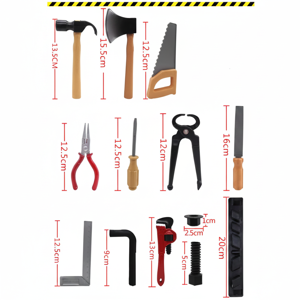 Measurement chart showing approximate lengths of individual pretend construction tools.