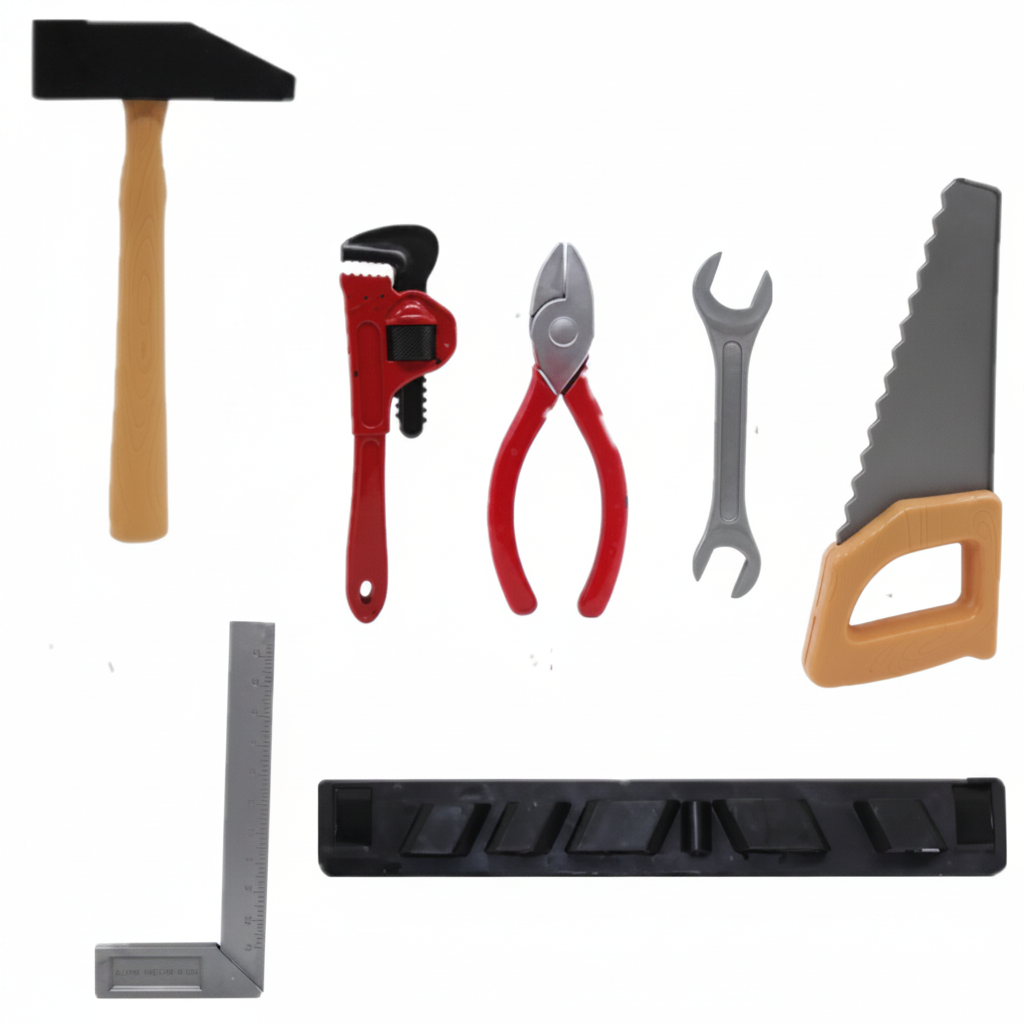 Pretend construction tools including a hammer, pipe wrench, pliers, saw, level, and square.
