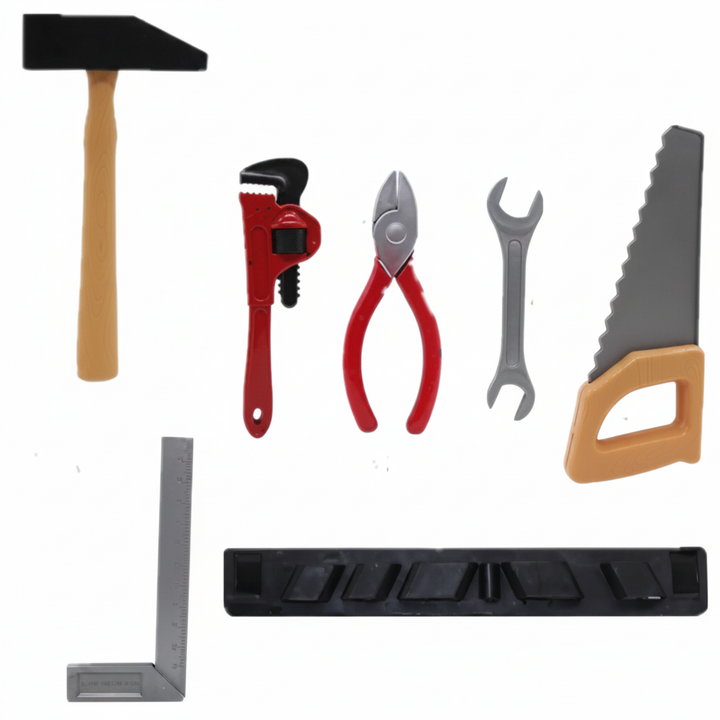 Pretend construction tools including a hammer, pipe wrench, pliers, saw, level, and square.