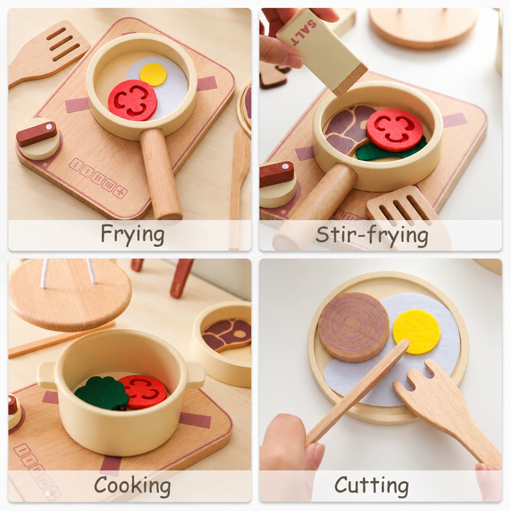 Four close-ups showing wooden play food in a pan, pot, and on a plate with utensils