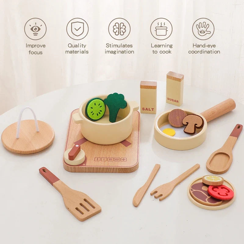 Wooden pretend cooking set with a pot and lid, frying pan, stovetop, utensils, and play food