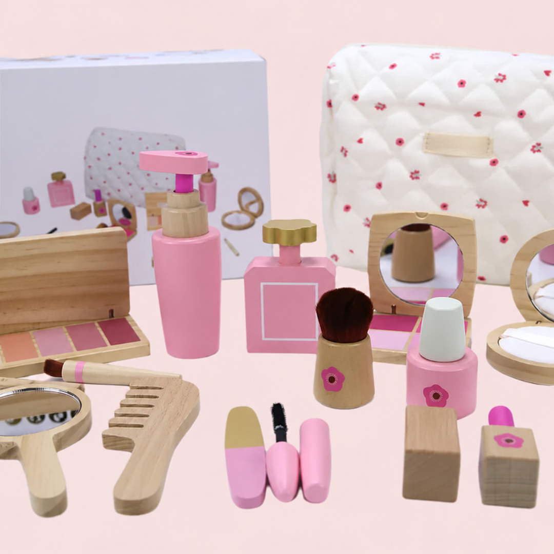 Close-up of wooden play makeup, a comb, mirrors, and the white patterned storage bag