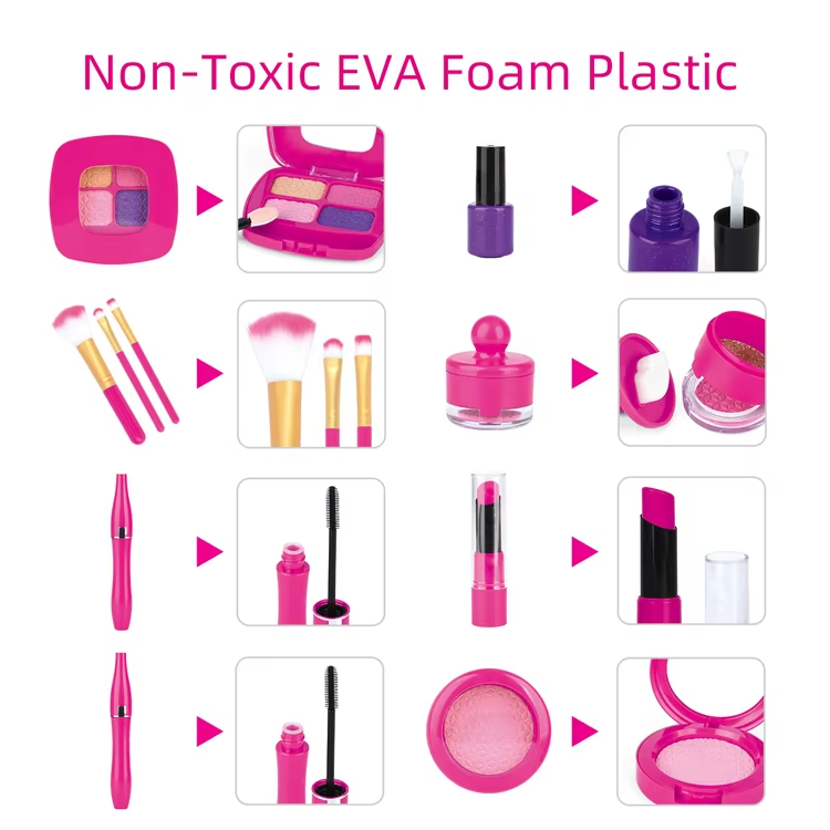 Pretend makeup detail chart with pink compacts, toy lipstick, brushes, and polish-style bottles