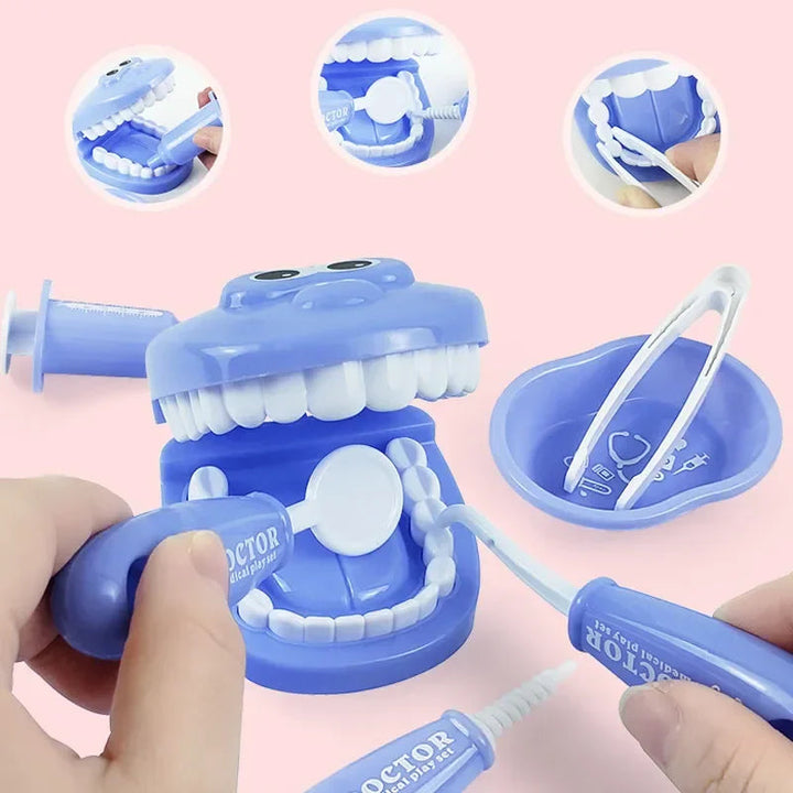 Hands using pretend dental tools on an open blue tooth model