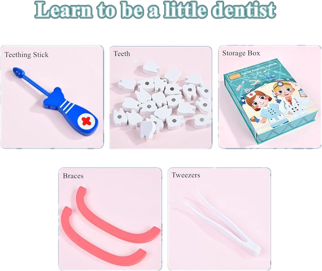 Toy dental tool, loose play teeth, storage box, pink mouth frames, and tweezers