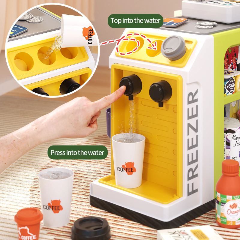Pretend drink dispenser with two black taps and toy takeaway cups