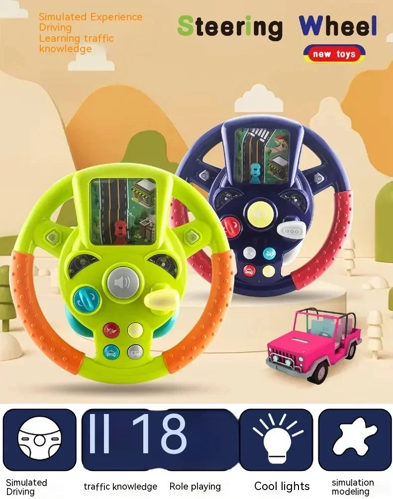 Green and purple steering wheel toys with icons for pretend driving, role-play, and lights