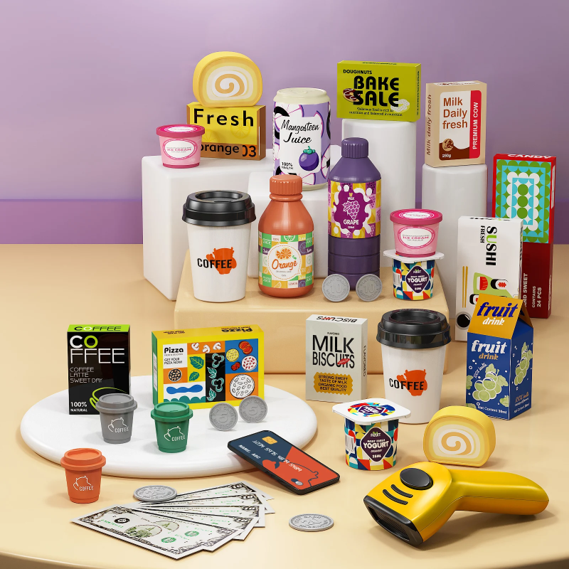 Pretend groceries, drinks, cups, play cash, coins, payment cards and a handheld scanner