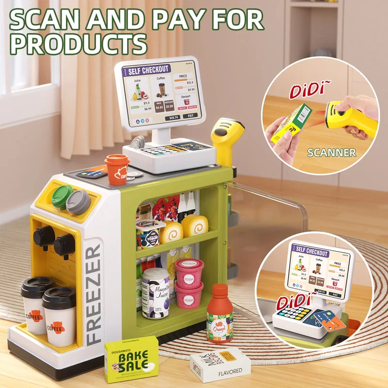 Toy supermarket checkout with a handheld scanner, play cash and pretend payment card