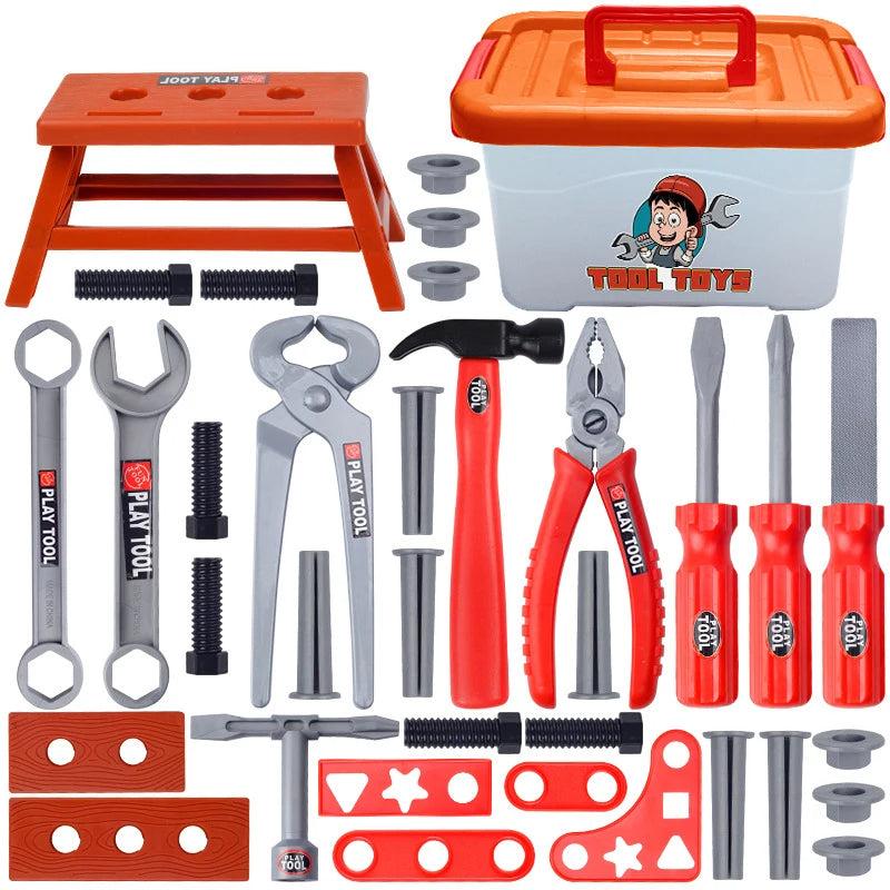 Pretend hand tools, building pieces, fasteners, mini workbench, and a storage case with an orange lid
