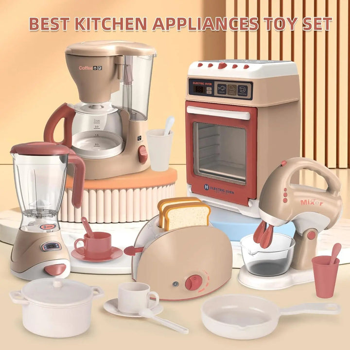 Collection of beige and pink pretend kitchen appliances with cups, pans, and utensils.
