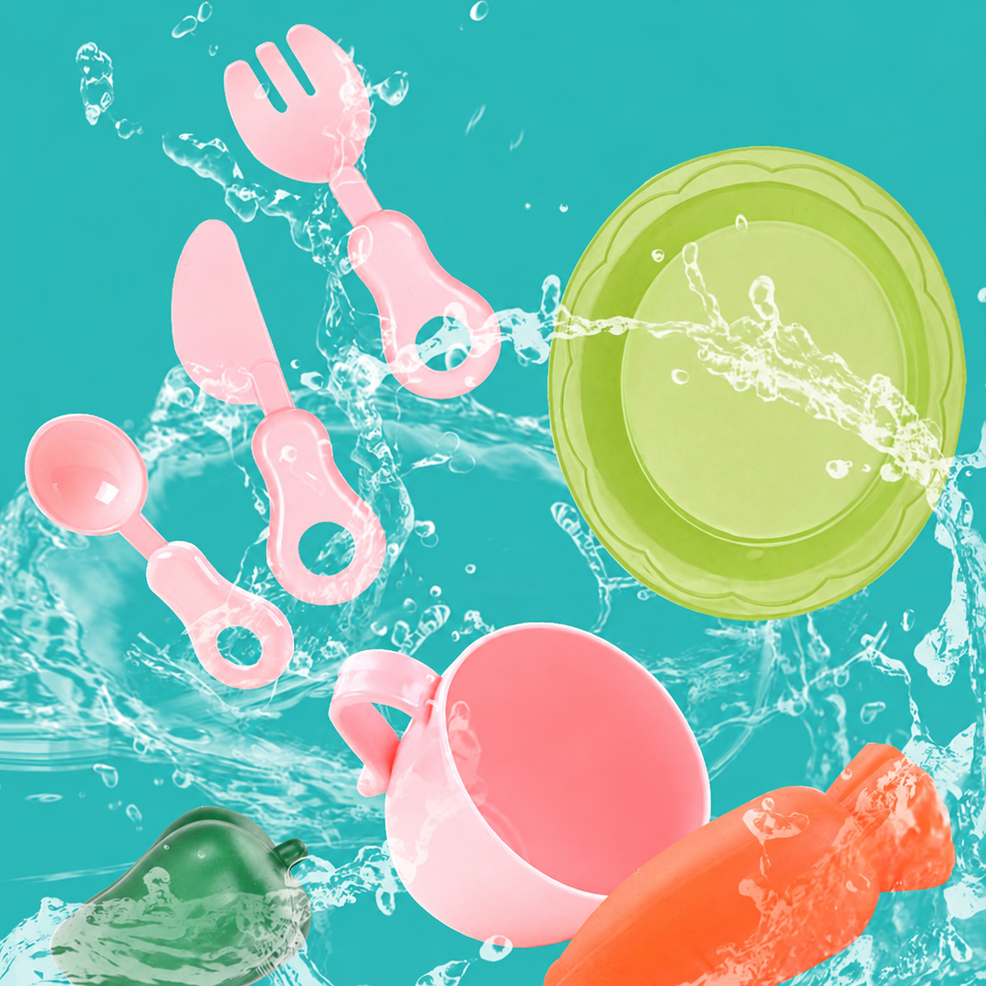 Toy cup, plate, utensils and play food shown against a splash of water