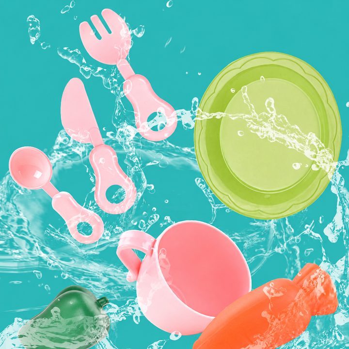 Toy cup, plate, utensils and play food shown against a splash of water