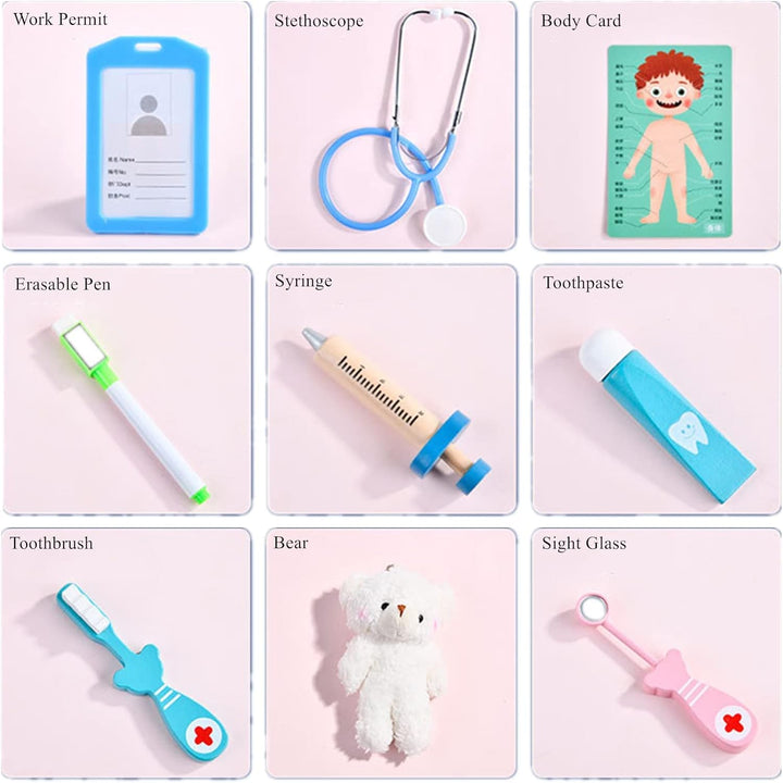 Toy stethoscope, syringe, toothbrush, toothpaste tube, mirror, ID card, body card, and plush bear