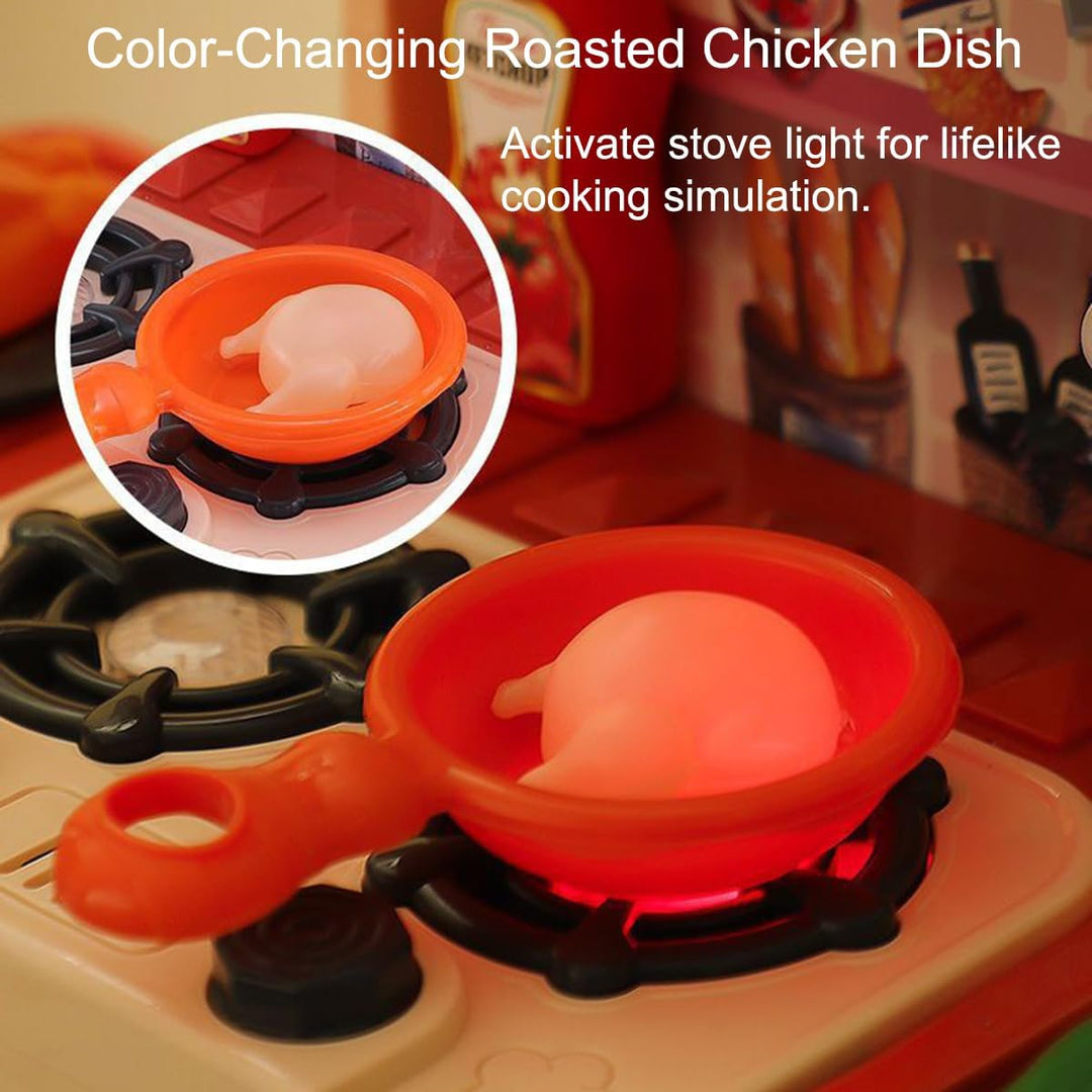 Toy chicken in an orange frying pan over the play stove&